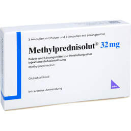 Abbildung: Methylprednisolut 32 mg Pulver und LM z.H.einer Injektion / Infusionsl. 3 St, Pulver u Lösungsm. z. Herst. e.Injektions- bzw. Infusionsl. PZN 13335802