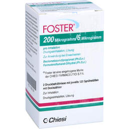 Abbildung: Foster 200 / 6 µg 120 Hub Dosieraerosol 2 St, Dosieraerosol PZN 13351391