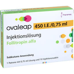 Abbildung: Ovaleap 450 I.E. / 0,75 ml Zyl.Ampulle + 10 Pen Injektion Nad. 1 St, Injektionslösung PZN 13351942