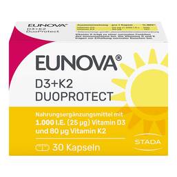 Abbildung: Eunova Duoprotect D3 + K2 1000 I.E. / 80 µg Kapseln Kapseln, 30 St PZN 13360622