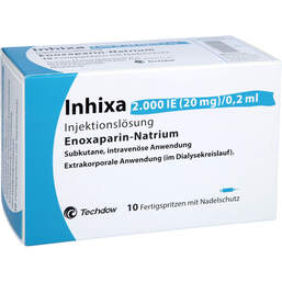 Abbildung: Inhixa 2.000 I.E. 20 mg / 0,2 ml Injektionslösung i.e.F.-Sp. 10 St, Injektionslösung in einer Fertigspritze PZN 13415369
