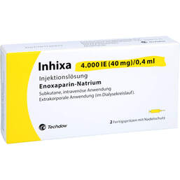 Abbildung: Inhixa 4.000 I.E. 40 mg / 0,4 ml Injektionslösung i.e.F.-Spr. 2 St, Injektionslösung in einer Fertigspritze PZN 13415406