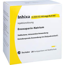 Abbildung: Inhixa 4.000 I.E. 40 mg / 0,4 ml Injektionslösung i.e.F.-Sp. 20 St, Injektionslösung in einer Fertigspritze PZN 13415429