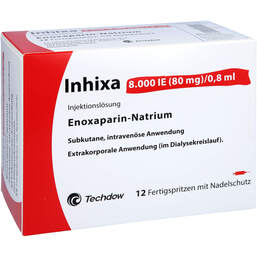 Abbildung: Inhixa 8.000 I.E. 80 mg / 0,8 ml Injektionslösung i.e.F.-Sp. 12 St, Injektionslösung in einer Fertigspritze PZN 13415493