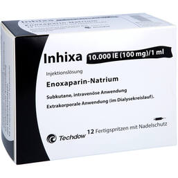 Abbildung: Inhixa 10.000 I.E. 100 mg / 1 ml Injektionslösung i.e.F.-Sp. 12 St, Injektionslösung in einer Fertigspritze PZN 13415530