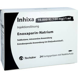 Abbildung: Inhixa 10.000 I.E. 100 mg / 1 ml Injektionslösung i.e.F.-Sp. 24 St, Injektionslösung in einer Fertigspritze PZN 13415547