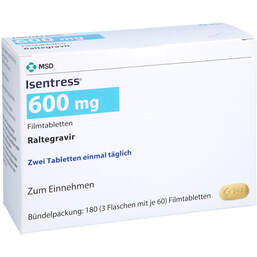 Abbildung: Isentress 600 mg Filmtabletten 180 St, Filmtabletten PZN 13421447