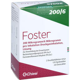 Abbildung: Foster 200 / 6 µg 120 Hub Dosieraerosol 2 St, Dosieraerosol PZN 13425729