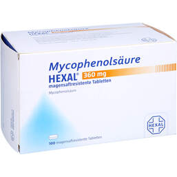 Abbildung: Mycophenolsäure Hexal 360 mg magensaftresistent Tabletten 100 St, Tabletten magensaftresistent PZN 13502424
