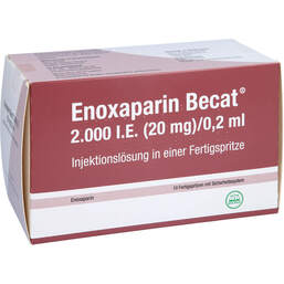 Abbildung: Enoxaparin Becat 2.000 I.E. 20mg / 0,2ml Injektionslösung FS 10 St, Injektionslösung in einer Fertigspritze PZN 13509024