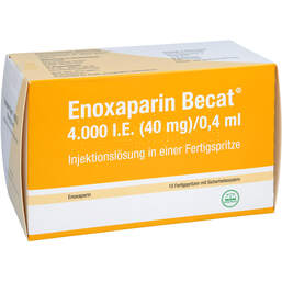 Abbildung: Enoxaparin Becat 4.000 I.E. 40mg / 0,4ml Injektionslösung FS 10 St, Injektionslösung in einer Fertigspritze PZN 13509047