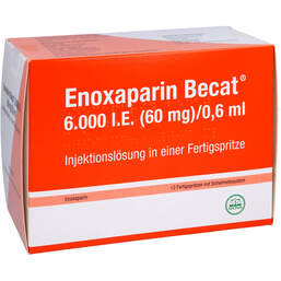 Abbildung: Enoxaparin Becat 6.000 I.E. 60mg / 0,6ml Injektionslösung FS 12 St, Injektionslösung in einer Fertigspritze PZN 13509099