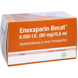 Abbildung: Enoxaparin Becat 8.000 I.E. 80mg / 0,8ml Injektionslösung FS 10 St, Injektionslösung in einer Fertigspritze PZN 13509113
