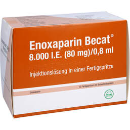 Abbildung: Enoxaparin Becat 8.000 I.E. 80mg / 0,8ml Injektionslösung FS 12 St, Injektionslösung in einer Fertigspritze PZN 13509136