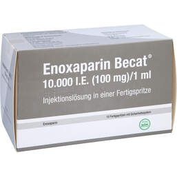 Abbildung: Enoxaparin Becat 10.000 I.E. 100mg / 1ml Injektionslösung FS 10 St, Injektionslösung in einer Fertigspritze PZN 13509159