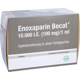 Abbildung: Enoxaparin Becat 10.000 I.E. 100mg / 1ml Injektionslösung FS 12 St, Injektionslösung in einer Fertigspritze PZN 13509165