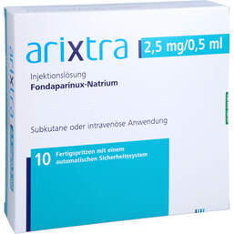 Abbildung: Arixtra 2,5 mg / 0,5 ml Injektionslösung in einer Fertigspritze 10X0.5 ml, Injektionslösung PZN 13569109