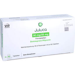 Abbildung: Juluca 50 mg / 25 mg Filmtabletten 3X30 St, Filmtabletten PZN 13571572