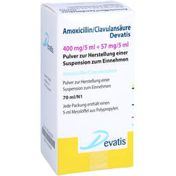Abbildung: Amoxicillin / Clavulansäure Devat.400mg / 5ml + 57mg / 5ml 70 ml, Pulver zur Herstellung einer Suspension zum Einnehmen PZN 13574694