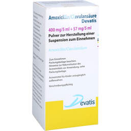 Abbildung: Amoxicillin / Clavulansäure Devat.400mg / 5ml + 57mg / 5ml 140 ml, Pulver zur Herstellung einer Suspension zum Einnehmen PZN 13574719