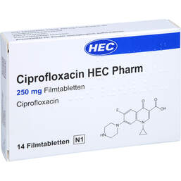 Abbildung: Ciprofloxacin Hec Pharm 250 mg Filmtabletten 14 St, Filmtabletten PZN 13582162