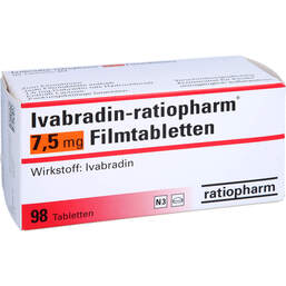 Abbildung: Ivabradin ratiopharm 7,5 mg Filmtabletten 98 St, Filmtabletten PZN 13586958