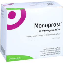 Abbildung: Monoprost 50 Mikrogramm / ml Augentropfenin Einzeldosen 30X0.2 ml, Einzeldosispipetten PZN 13600003
