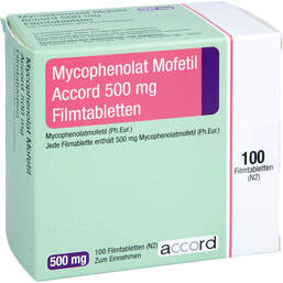 Abbildung: Mycophenolat Mofetil Accord 500 mg Filmtabletten 100 St, Filmtabletten PZN 13623837