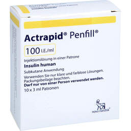 Abbildung: Actrapid Penfill 100 I.E. / ml Injektionslösung in einer Patrone 10X3 ml, Injektionslösung PZN 13711808