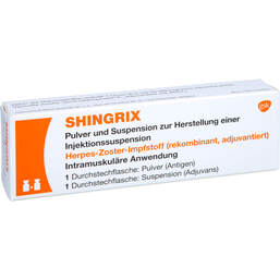 Abbildung: Shingrix Pulver und Suspension zur Herstellung einer Injektionssuspension  1 St, Injektionssuspension PZN 13715870