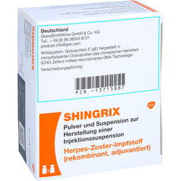 Abbildung: Shingrix Pulver und Suspension zur Herstellung einer Injektionssuspension  10 St, Injektionssuspension PZN 13715887