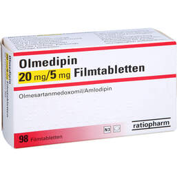 Abbildung: Olmedipin 20 mg / 5 mg Filmtabletten 1 St, Filmtabletten PZN 13752635