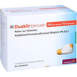 Abbildung: Duaklir Genuair 340 µg / 12 µg Pulver zur Inhalation 60ED 3 St, Inhalationspulver PZN 13755734
