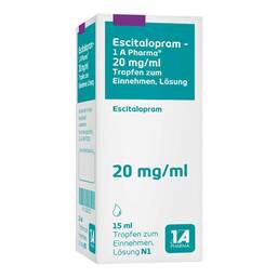Abbildung: Escitalopram-1A Pharma 20 mg / ml Tropf.zum Einnehmen 15 ml, Tropfen zum Einnehmen PZN 13813503