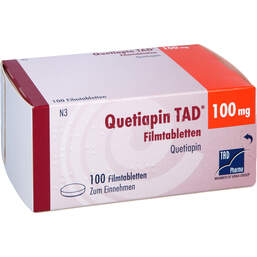 Abbildung: Quetiapin TAD 100 mg Filmtabletten 100 St, Filmtabletten PZN 13815850
