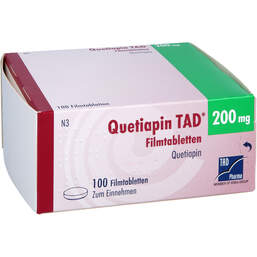 Abbildung: Quetiapin TAD 200 mg Filmtabletten 100 St, Filmtabletten PZN 13815956