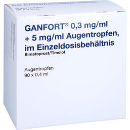 Abbildung: Ganfort 0,3 mg / ml + 5 mg / ml AT in Einzeldosisbeh. 90X0.4 ml, Augentropfen PZN 13828195