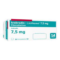 Abbildung: Ivabradin 1A Pharma 7,5 mg Filmtabletten 98 St, Filmtabletten PZN 13830803