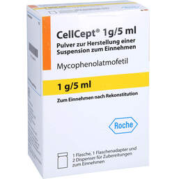 Abbildung: Cellcept 1 g / 5 ml Pulver zur Herstellung einer Suspension zum Einnehmen  110 g, Pulver zur Herstellung einer Suspension zum Einnehmen PZN 13839678
