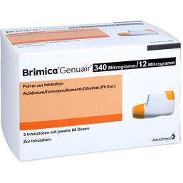 Abbildung: Brimica Genuair 340 µg / 12 µg Pulver zur Inhalation 60ED 3 St, Inhalationspulver PZN 13853431