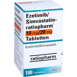 Abbildung: Ezetimib / Simvastatin ratiopharm 10 mg / 20 mg Tabletten  100 St, Tabletten PZN 13858836