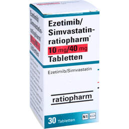 Abbildung: Ezetimib / Simvastatin ratiopharm 10 mg / 40 mg Tabletten  30 St, Tabletten PZN 13858954