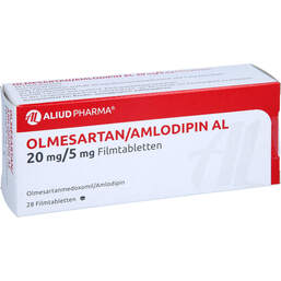 Abbildung: Olmesartan / Amlodipin AL 20 mg / 5 mg Filmtabletten 28 St, Filmtabletten PZN 13878307