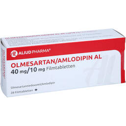Abbildung: Olmesartan / Amlodipin AL 40 mg / 10 mg Filmtabletten 28 St, Filmtabletten PZN 13878388