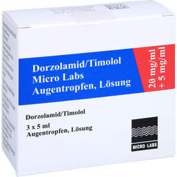 Abbildung: Dorzolamid / Timolol Micro Labs 20 mg / ml + 5 mg / ml Atr 3X5 ml, Augentropfen PZN 13881278