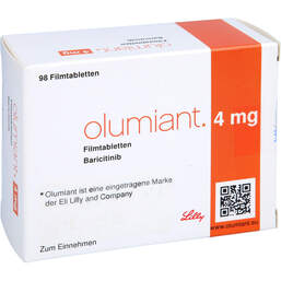 Abbildung: Olumiant 4 mg Filmtabletten 98 St, Filmtabletten PZN 13881692