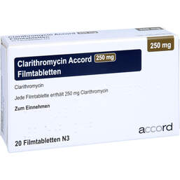 Abbildung: Clarithromycin Accord 250 mg Filmtabletten 20 St, Filmtabletten PZN 13893229