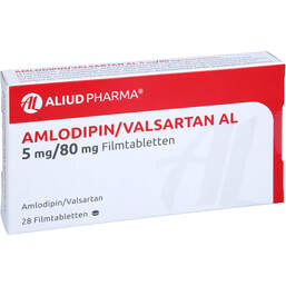 Abbildung: Amlodipin / Valsartan AL 5 mg / 80 mg Filmtabletten 28 St, Filmtabletten PZN 13947847
