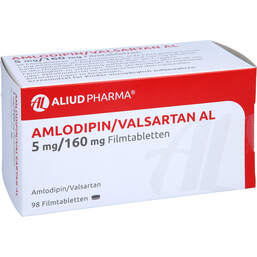 Abbildung: Amlodipin / Valsartan AL 5 mg / 160 mg Filmtabletten 98 St, Filmtabletten PZN 13947907