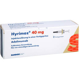 Abbildung: Hyrimoz 40 mg / 0,8 ml Injektionslösung in einer Fertigspritze 2 St, Injektionslösung PZN 13974778
